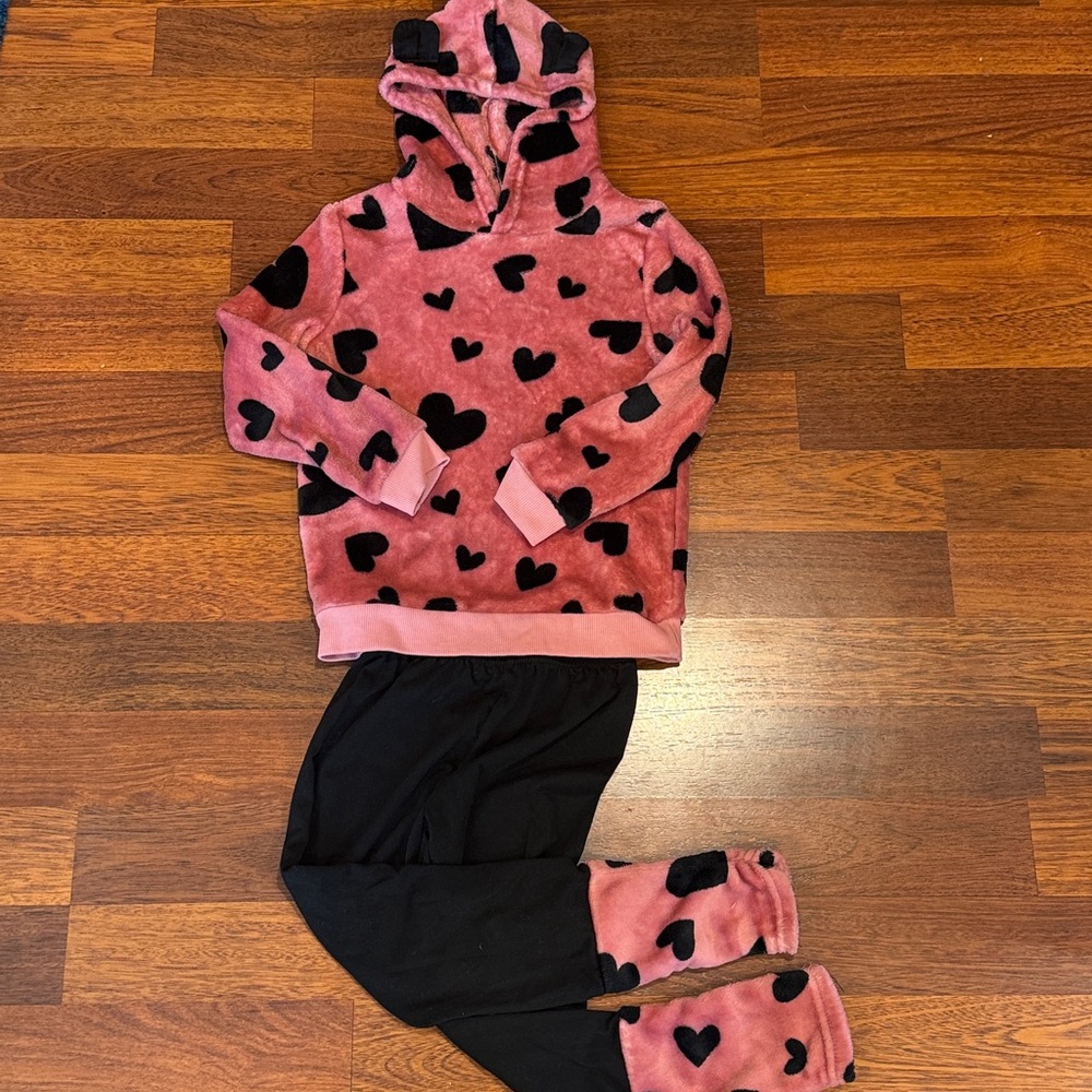 SHEIN Pink and Black Heart Plush Hoodie & Jogger Set - Kids